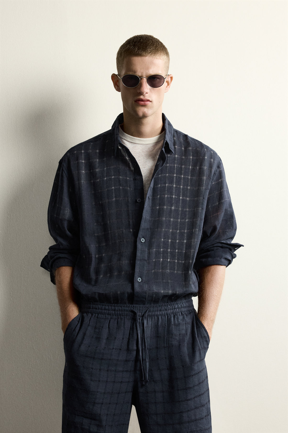 CHEMISE RELAXED FIT JACQUARD CARREAUX LIN/COTON