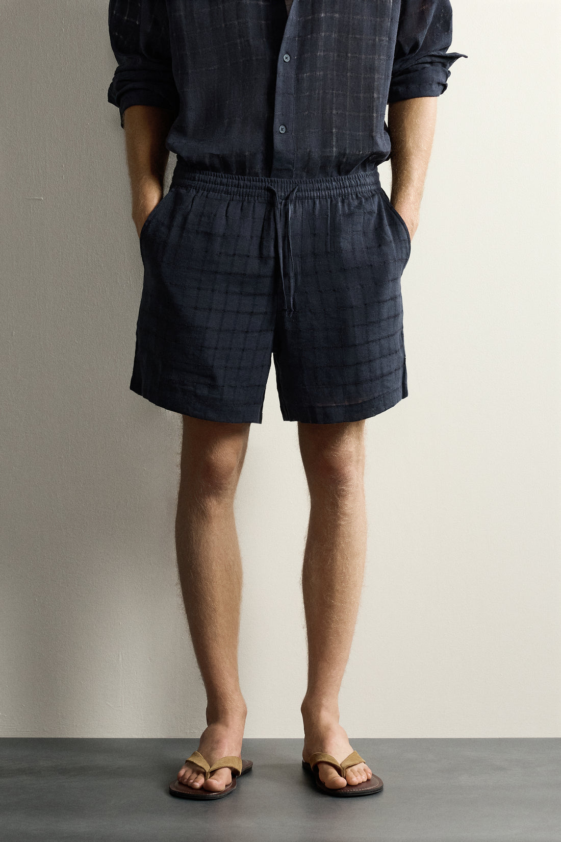 BERMUDA JACQUARD À CARREAUX EN LIN ET COTON