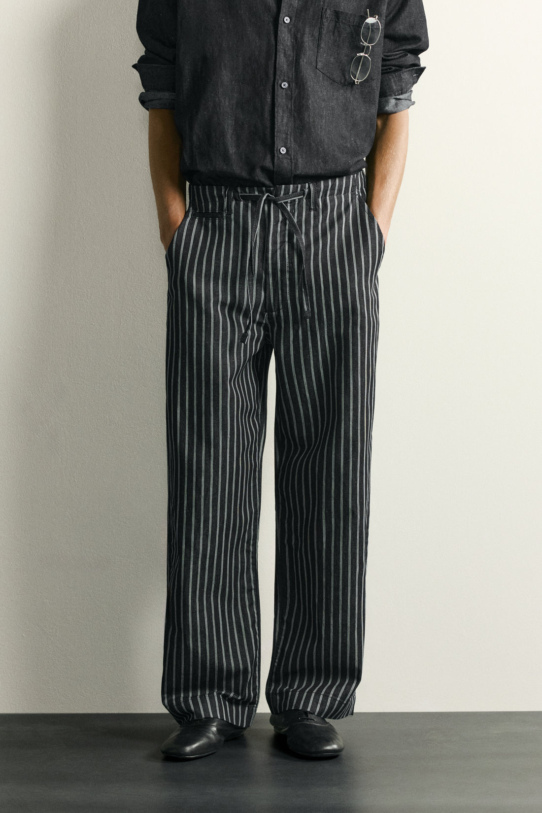 PANTALON DENIM RAYÉ COTON ET LIN