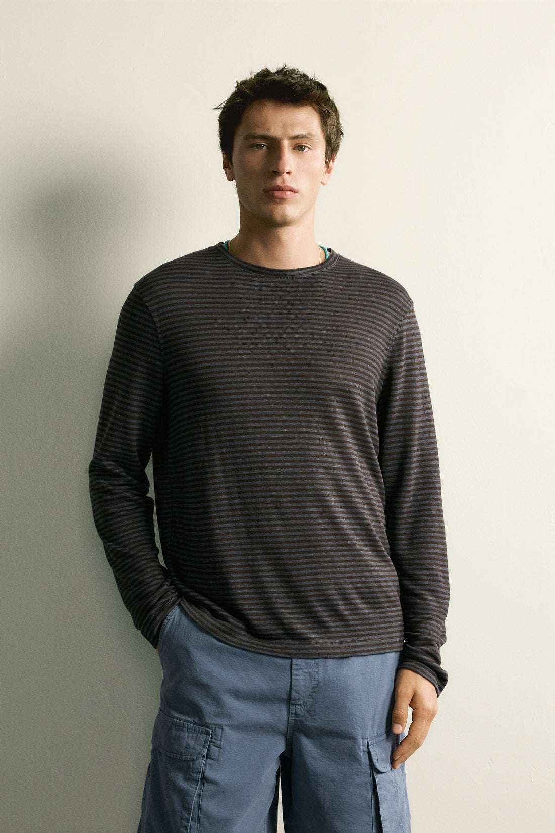 T-SHIRT JACQUARD À RAYURES CHANVRE - VISCOSE